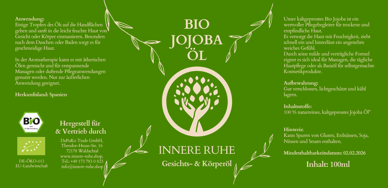 Jojobaöl BIO Etikett